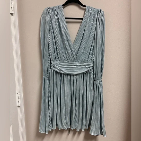 Elegant Vintage Dress Silver V-Neck Ballon sleeves Cinched waist - Size L - Picture 10 of 11